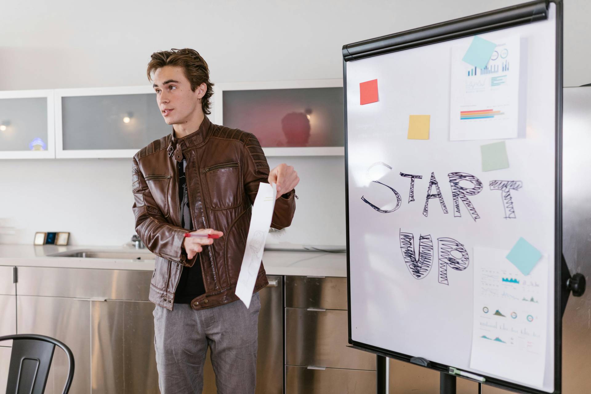 male entrepreneur presenting in front of a whiteboard