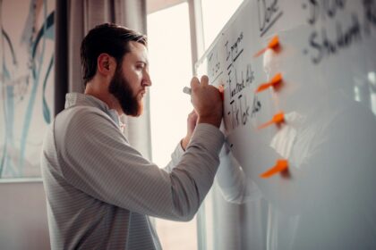a man writing on a white board with orange markers; entrepreneurs partner visa
