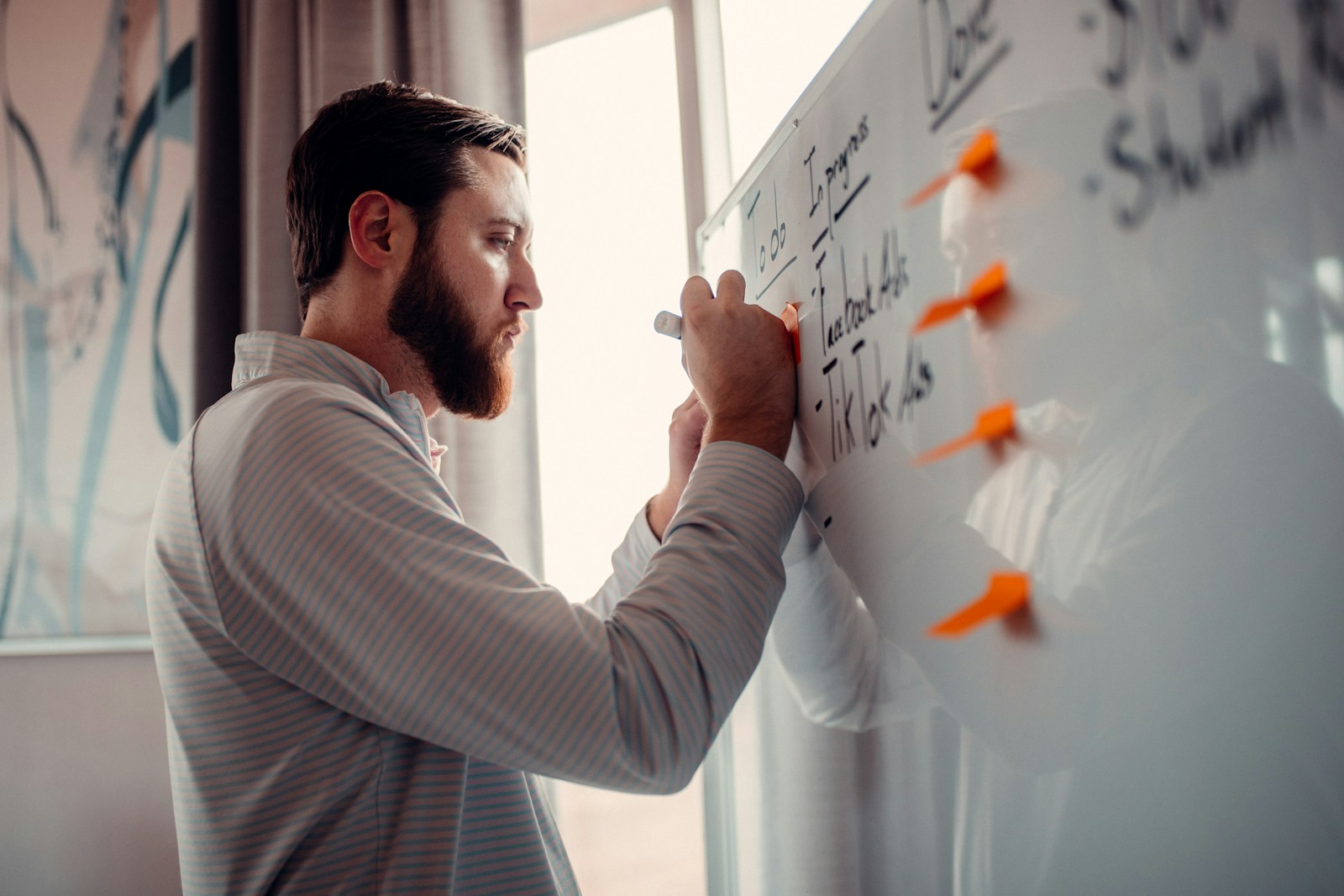 a man writing on a white board with orange markers; entrepreneurs partner visa