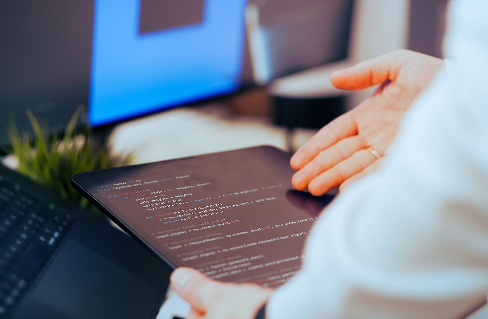 Software developer analyzing code on a tablet in a modern office workspace; small business AI