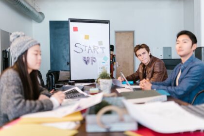 A group of young professionals brainstorming ideas in a startup office setting; gen z entrepreneurs