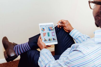 Businessman using a tablet for data analysis in a relaxed office setting; ai roi