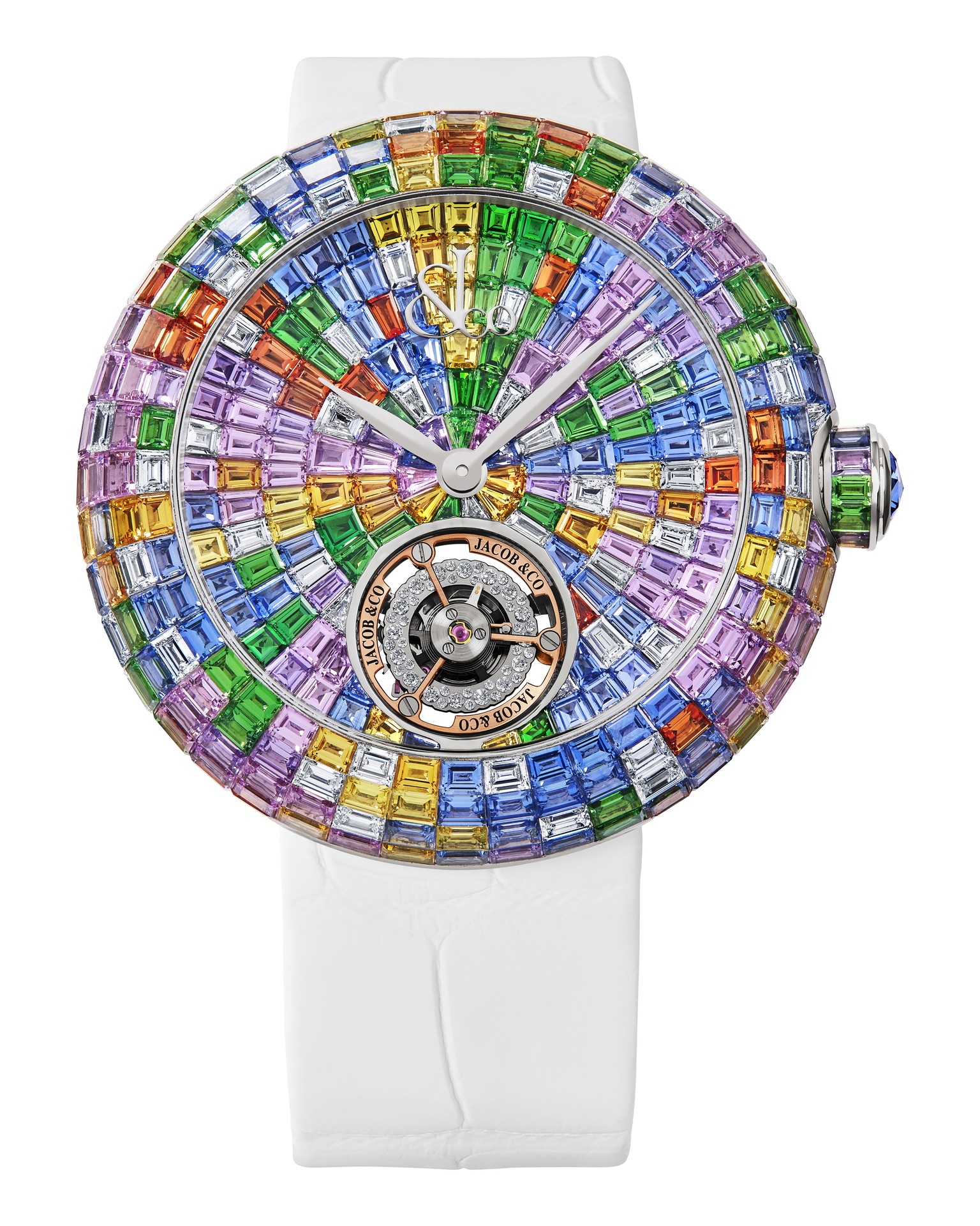 Montre Jacob and Co montrant son balancier serti de diamants et son tourbillon volant