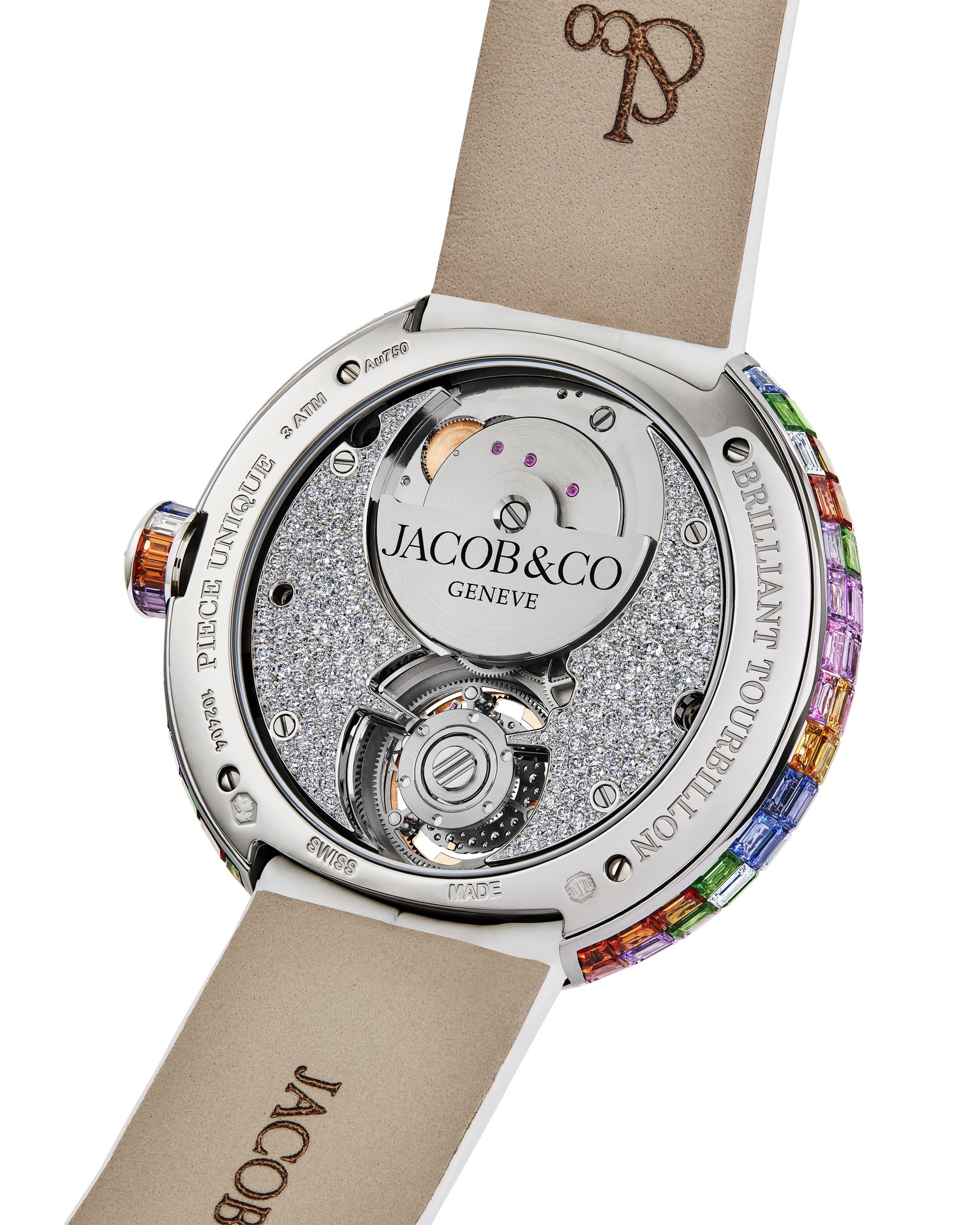 Vue arrière de la Jacob and Co Brilliant Flying Tourbillon Baguette Pastel Arlequino