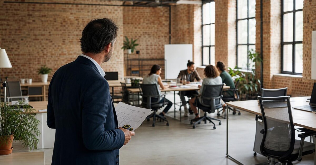 Dirigeants visitant un plateau de bureaux vide pour décider s'il vaut mieux acheter ou louer ses bureaux en 2027
