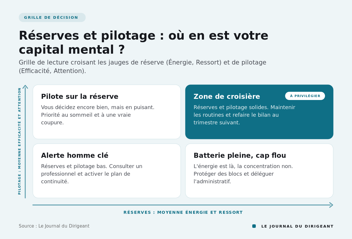 Matrice deux sur deux croisant réserves et pilotage, avec quatre situations du dirigeant dont la zone de croisière.