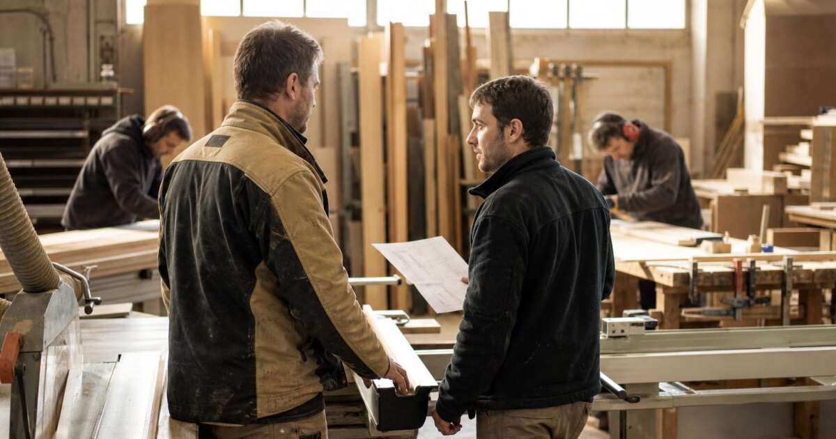 Chef d'équipe promu suivant une formation manager avec ses collaborateurs dans un atelier de menuiserie