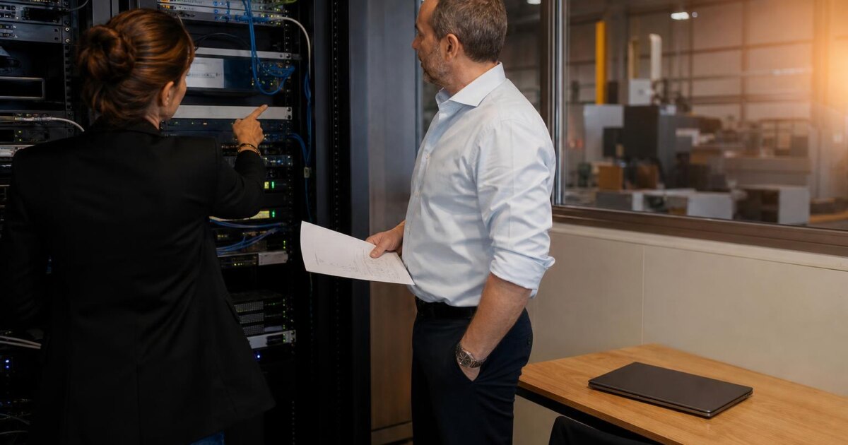 Technicien informatique d'une PME appliquant des mises à jour sur un serveur, étape clé de la gestion des correctifs